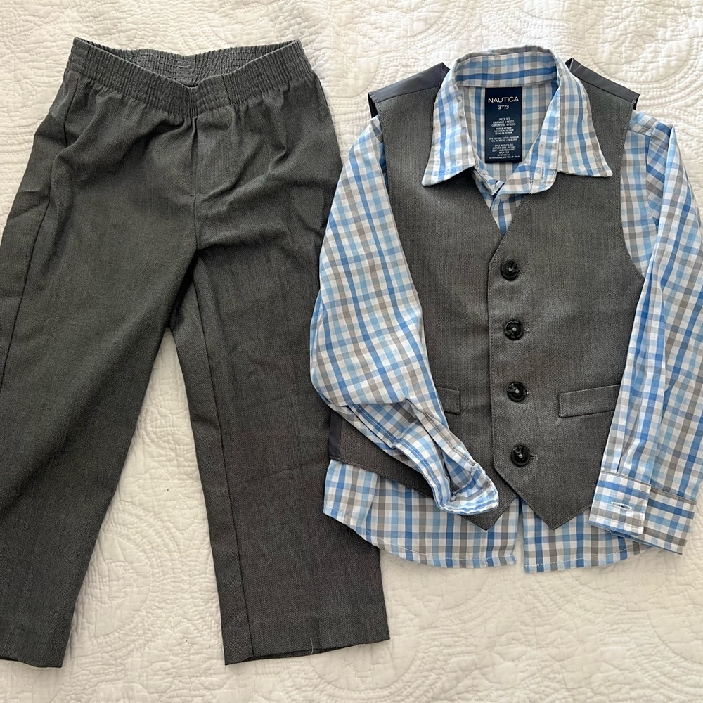 Nautica Boys Blue Checkered Shirt with Gray Vest and Pants